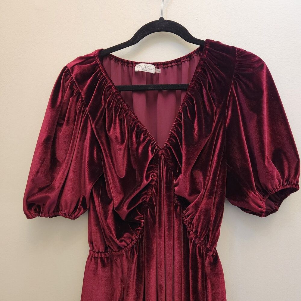 Georgie Red Velvet Mini Dress Puffed Sleeve Romantic Valentines Date Night Vamp - Picture 4 of 11
